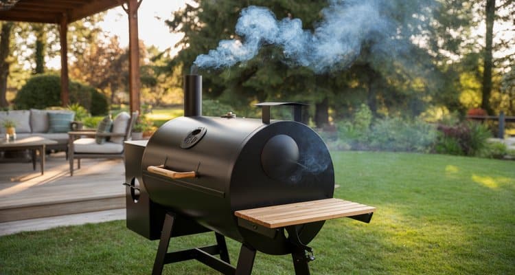 Pellet smoker producing smoke with charcoal pellets for authentic BBQ flavor