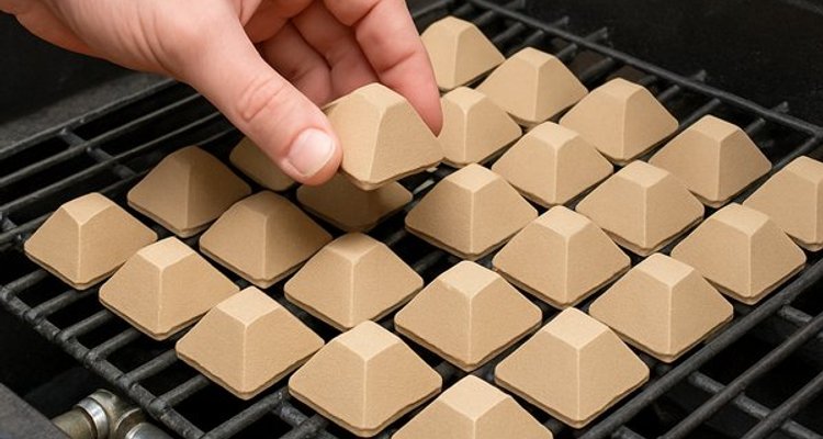Hand placing ceramic briquette onto rock grate during gas grill installation
