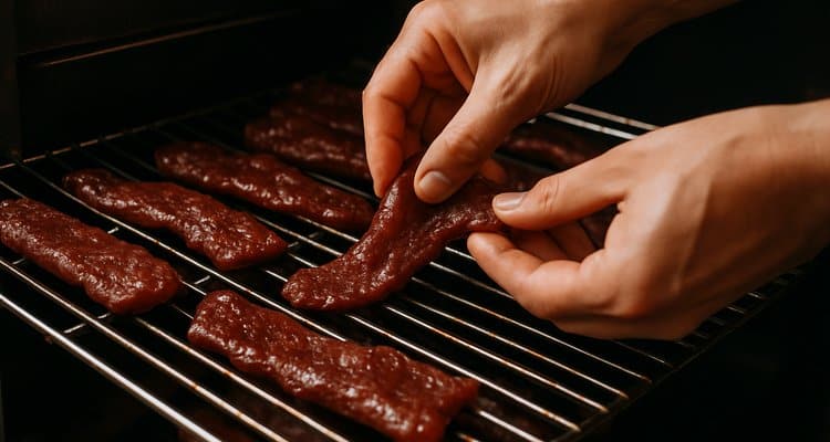 Jerky strips arranged on smoker racks during smoking process