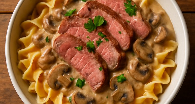 Creamy prime rib beef stroganoff with mushrooms over egg noodles