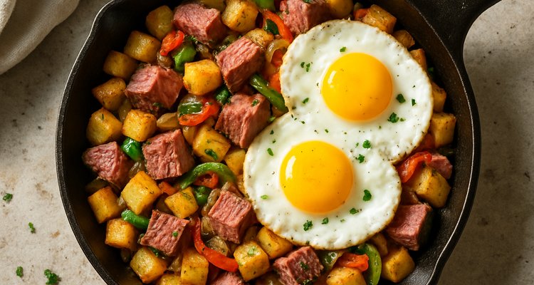 Hearty leftover prime rib hash with fried eggs in cast iron skillet