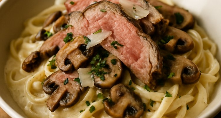 Prime rib fettuccine Alfredo pasta with mushrooms and parsley