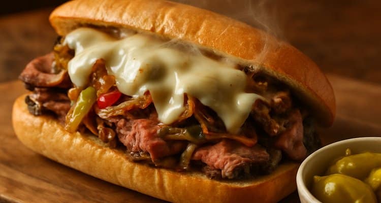 Prime rib Philly cheesesteak sandwich with melted provolone and caramelized onions