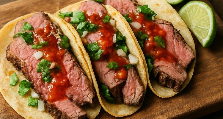 Prime rib tacos with fresh cilantro lime and salsa on corn tortillas