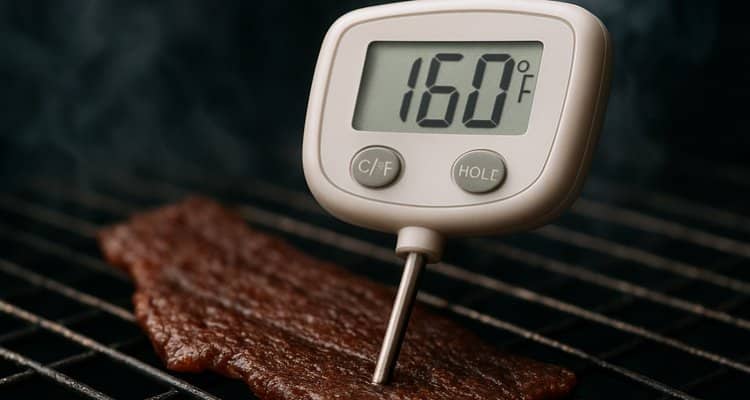 Meat thermometer showing 160 degrees Fahrenheit for safe jerky internal temperature