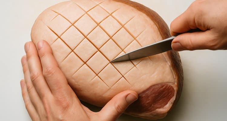 Hands scoring diamond pattern into ham fat cap with knife