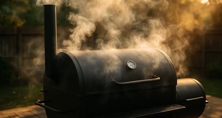 Smoke rising from smoker during the seasoning burn-in process