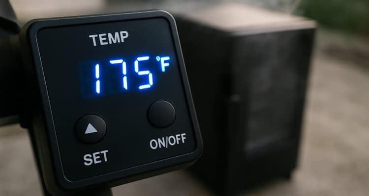 Smoker temperature controller displaying ideal jerky smoking temperature
