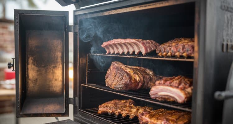 Inside a Vertical Charcoal Smoker with Ribs and Pork Shoulder