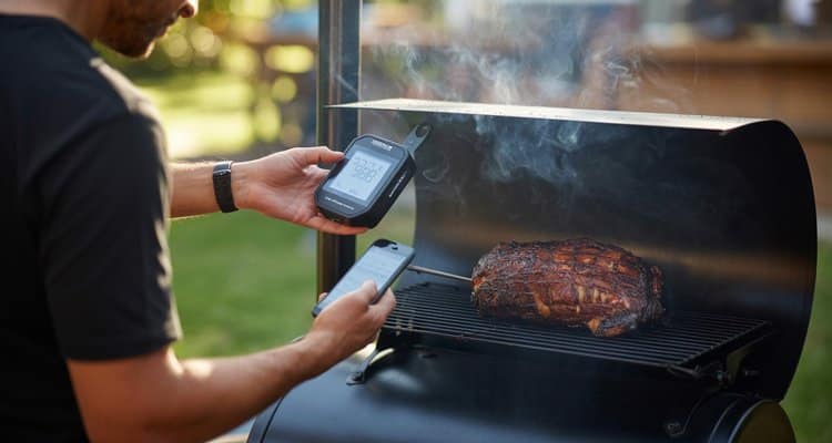 Wireless meat thermometer monitoring smoker