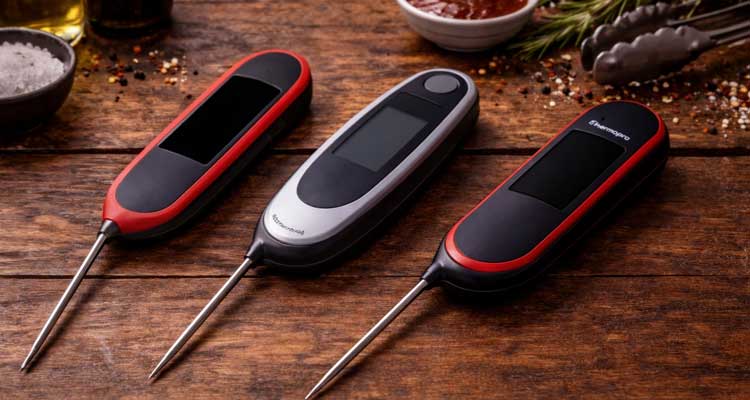 BBQ instant read thermometers. on rustic wood