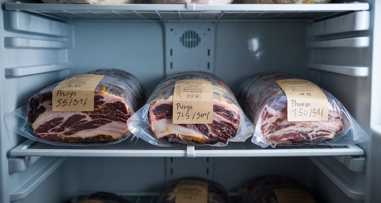 Three vacuum-sealed briskets at different aging stages stored on a refrigerator shelf showing the wet aging process over time