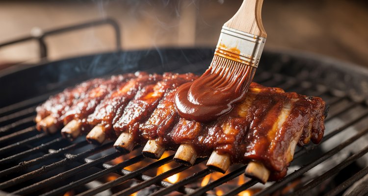 How to Use BBQ Sauce on Ribs Thick glossy BBQ sauce being brushed onto grilled baby back ribs on a grill grate