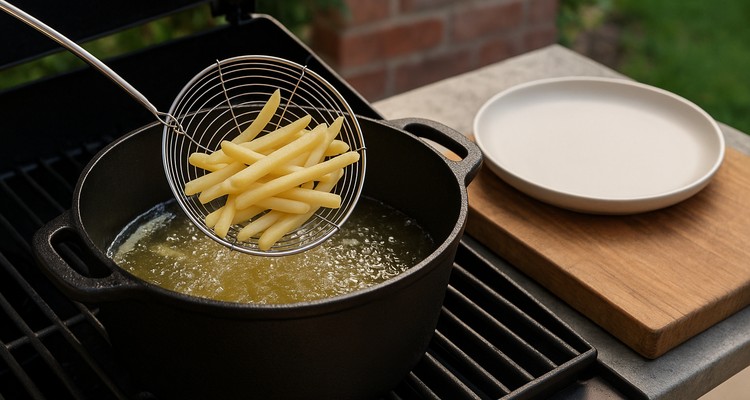 Cast iron Dutch oven filled with beef tallow with spider strainer lifting pale blanched fries