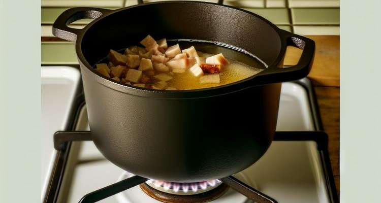 Beef fat pieces slowly rendering in a heavy Dutch oven on a stovetop with golden liquid tallow pooling at the bottom and fat cracklings forming