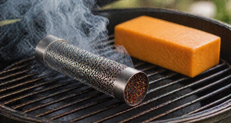 Stainless steel cold smoke generator tube on grill grates with white smoke next to cheddar cheese block