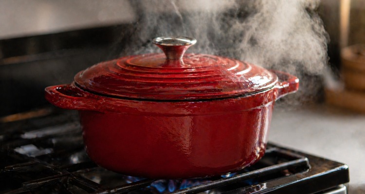 Best Dutch Oven - enameled cast iron pot on a gas stove with steam rising