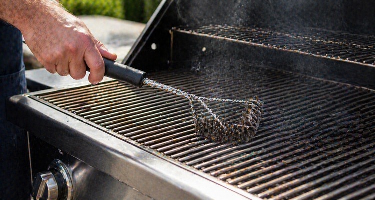 Person using a wire grill brush to clean a warm stainless steel grill grate with slight smoke rising