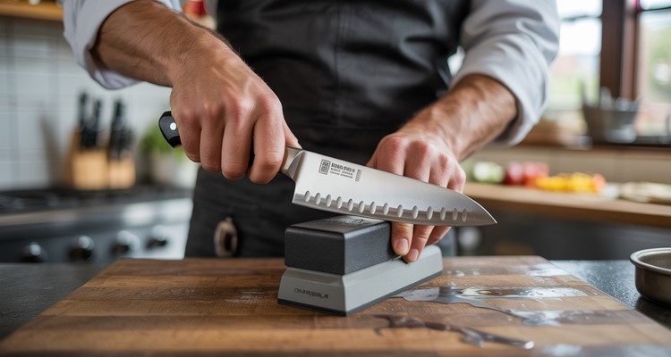 Best knife sharpener - chef sharpening a knife on a whetstone