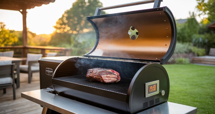 Premium pellet grill on backyard patio deck at golden hour with brisket smoking on the grates and wisps of smoke rising
