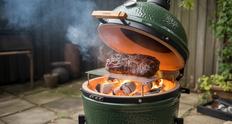 Best big green egg thermometer — ceramic kamado grill open with glowing coals and dome thermometer