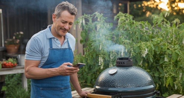 Man checking smartphone temperature readings next to ceramic kamado grill with smoke