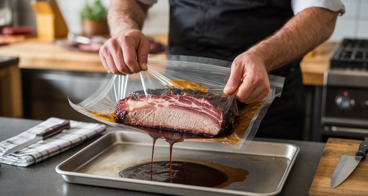 Pitmaster opening a wet aged brisket package with dark purge liquid draining into a stainless steel sheet pan