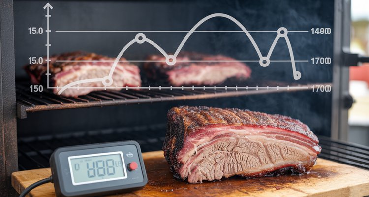 Clean line graph showing a typical brisket cook over time with the X-axis labeled Time in Hours and Y-axis labeled Internal Temperature in Fahrenheit, showing a steady rise, a flat plateau labeled The Stall between 150°F and 170°F, and a final rise to 203°F