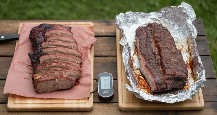 Side-by-side comparison of two smoked briskets on a wooden cutting board — the left brisket wrapped in pink butcher paper and the right wrapped in aluminum foil — with a digital meat thermometer between them on a rustic outdoor BBQ prep table