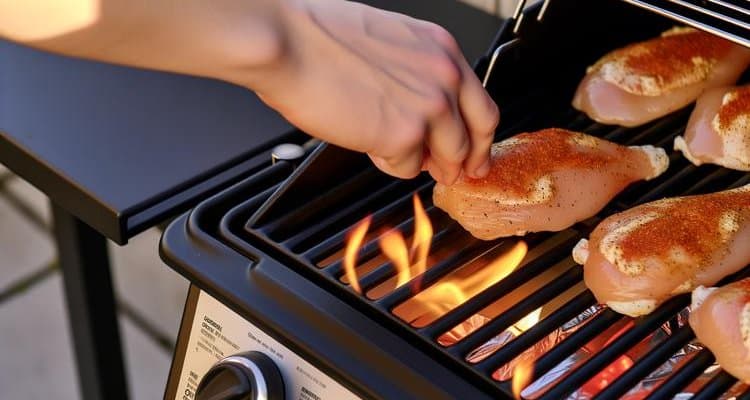 Cooking chicken on a budget propane gas grill with visible flames