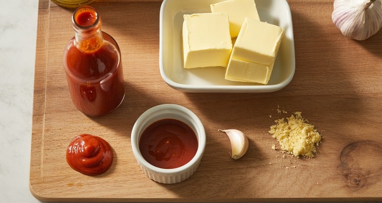 Bottle of cayenne pepper hot sauce and sticks of butter arranged on a wooden board for homemade Buffalo sauce