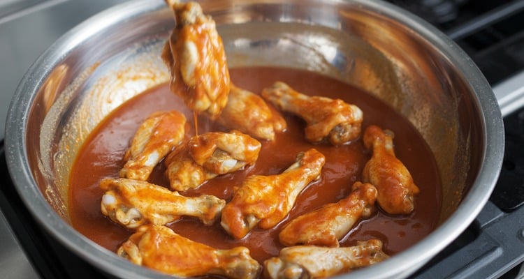 Freshly cooked chicken wings being tossed in warm Buffalo sauce inside a large metal mixing bowl