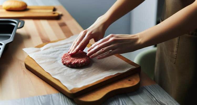 Hands forming a round burger patty on parchment paper