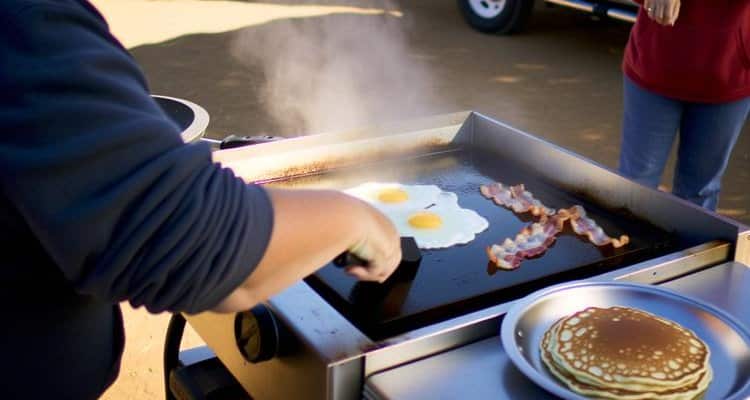 Cooking breakfast on a camping flat top grill with eggs bacon and pancakes