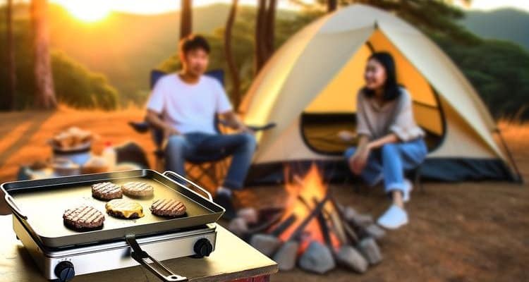 Smash burgers cooking on a flat top grill at an evening campsite