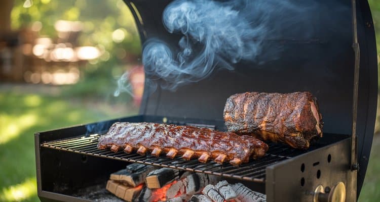 Rack of ribs and pork shoulder smoking on a charcoal grill smoker combo with blue smoke curling from the offset firebox