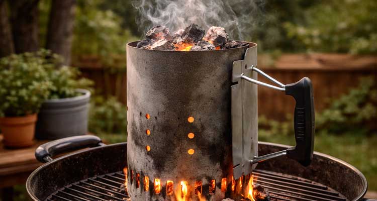 Charcoal chimney starter on grill grates