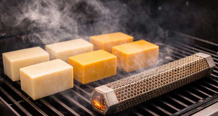 Cheese blocks on grill with smoke tube for cold smoking