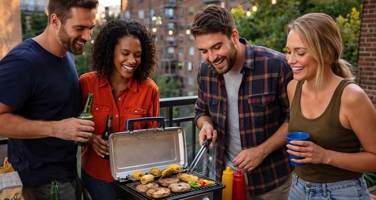 Friends grilling on a compact tabletop gas grill on an apartment balcony