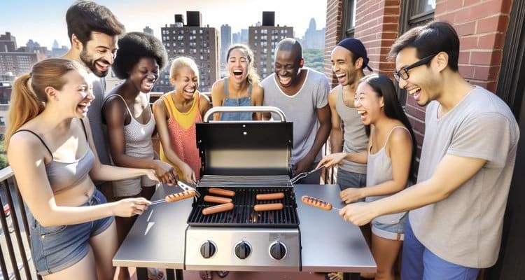 Friends grilling on a compact tabletop gas grill on an apartment balcony