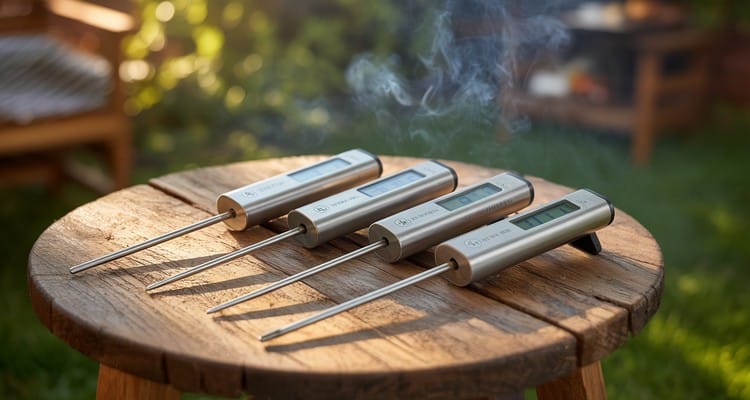 Three instant-read thermometers arranged side by side on a rustic wooden table with BBQ tongs