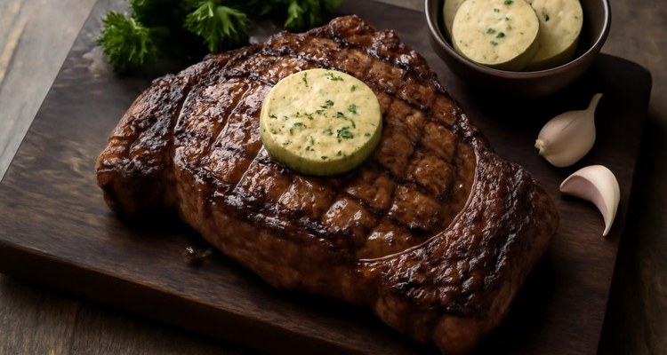 Grilled steak topped with garlic herb compound butter