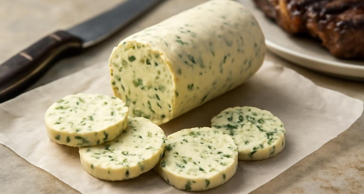 Sliced garlic herb compound butter log on parchment
