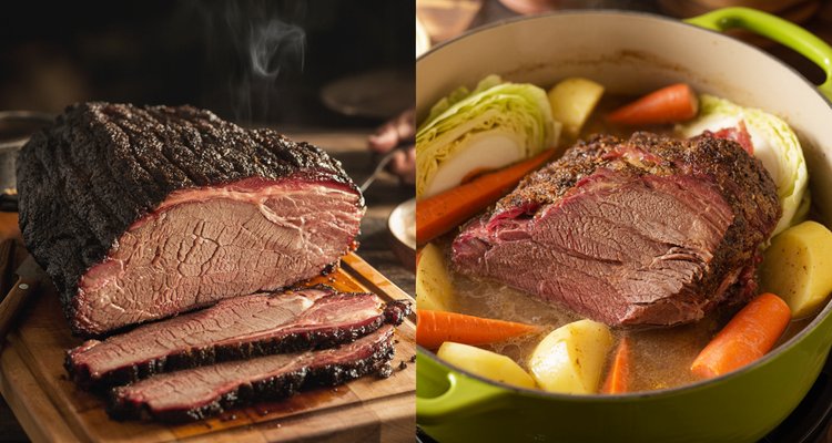 Side by side comparison of smoked brisket with dark bark on cutting board and simmered corned beef in Dutch oven with cabbage carrots and potatoes