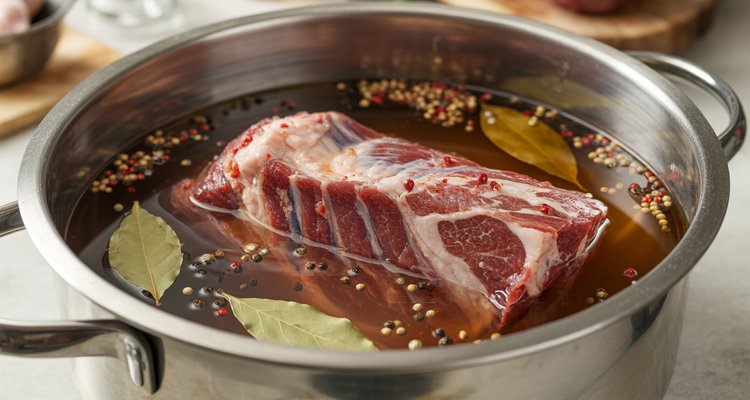Beef brisket submerged in salt brine solution with bay leaves peppercorns and mustard seeds for corned beef curing process