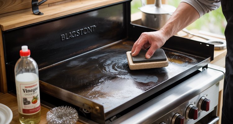 Deep cleaning a Blackstone griddle with pumice stone and vinegar for rust removal and restoration