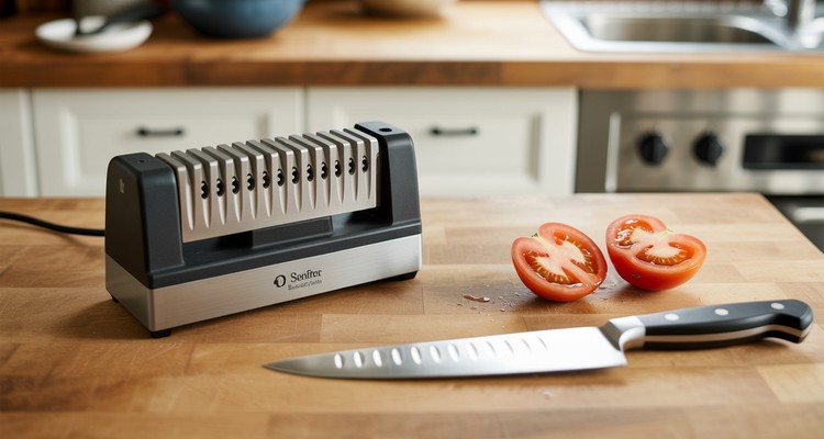 Multi-stage electric knife sharpener on butcher block countertop with stainless steel chef's knife beside it and paper-thin tomato slices