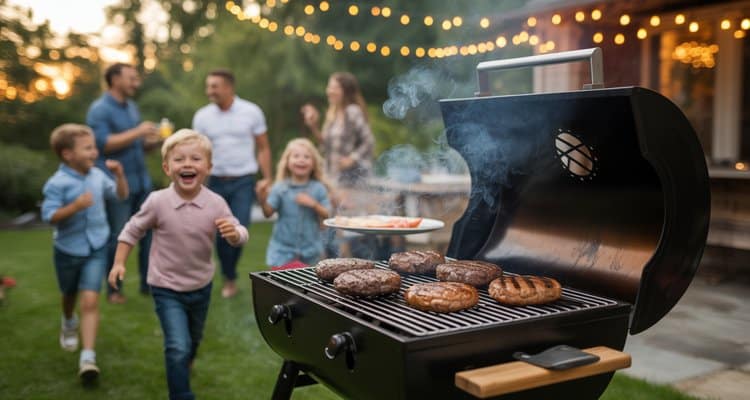 Family backyard cookout around a charcoal grill smoker combo with children playing and burgers on the grill grates