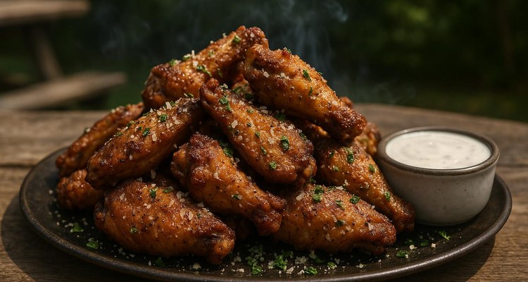 Crispy garlic parmesan smoked wings with parsley and dipping sauce
