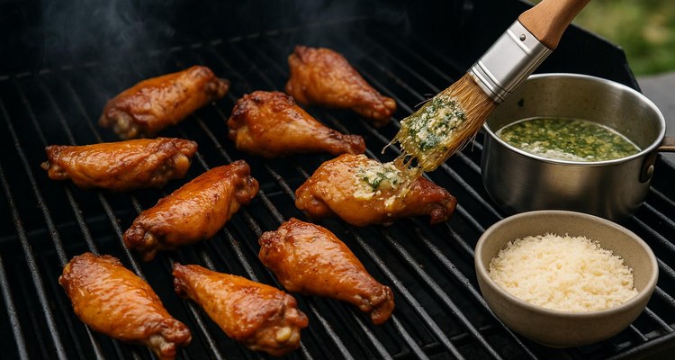 Smoked chicken wings being brushed with garlic parmesan sauce on a grill